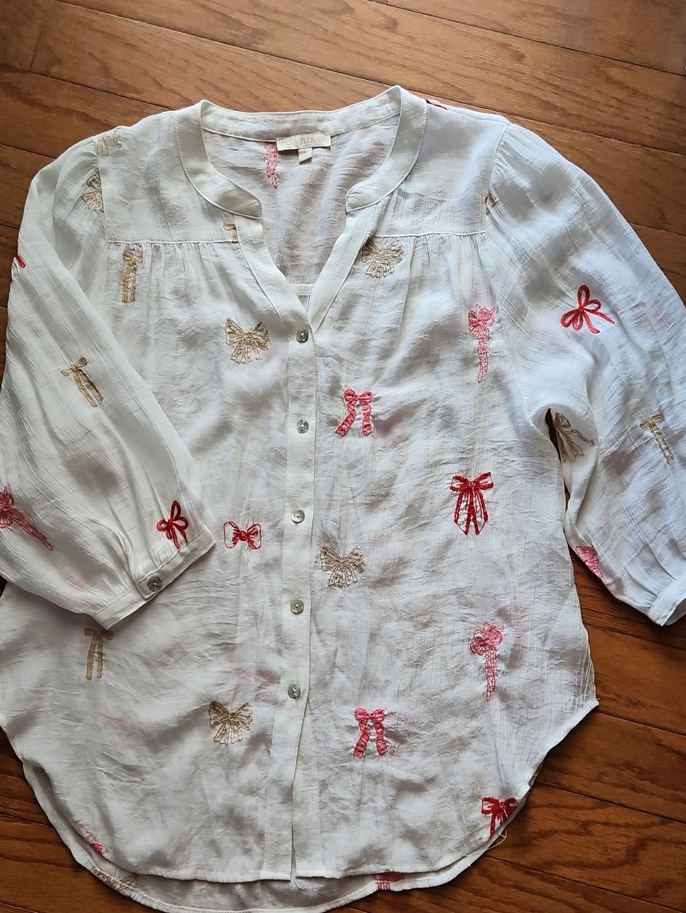 FIG + FLOWER WHITE BOW EMBROIDERED COTTON BLOUSE SZ L